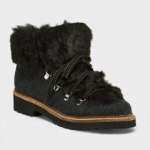 Franco Sarto Harlin Grey/Black Lace Up Faux Fur Top Ankle Winter Booties Size 8M